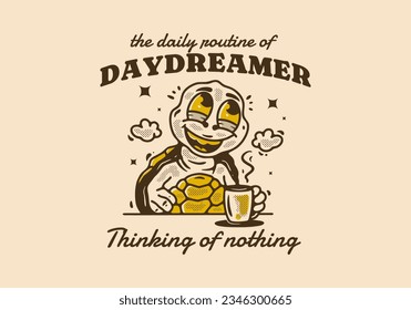 Daydreamer thinking of nothing, mascot character illustration of turtle drink a coffee while daydreaming