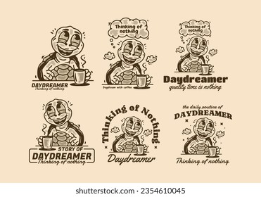 Daydreamer thinking of nothing, vintage mascot character of turtle drink a coffee while daydreaming