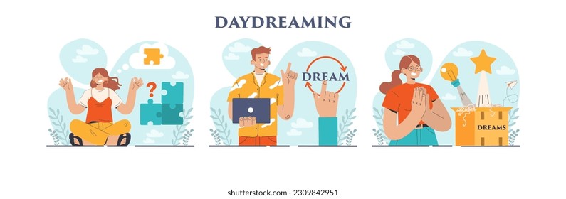 Daydreaming concept set. Young characters dreaming or daydreaming hoping about success and achievements. Fantasy and imagination, inspirational thinking idea. Flat vector illustration