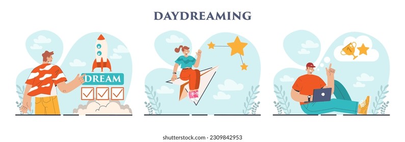 Daydreaming concept set. Young characters dreaming or daydreaming hoping about success and achievements. Fantasy and imagination, inspirational thinking idea. Flat vector illustration