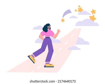 Daydreaming concept. Young characters dreaming or daydreaming about something cheerful. Fantasy and imagination, inspirational thinking idea. Flat vector illustration