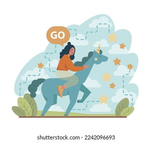 Daydreaming concept. Young characters dreaming or daydreaming about something cheerful. Fantasy and imagination, inspirational thinking idea. Flat vector illustration