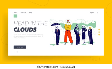 Daydreaming, Creative Imagination and Positivity Landing Page Template. Happy Male Character in Bright Clothing Stand with Head in Clouds, Sad Busy People in Formal Wear. Linear Vector Illustration