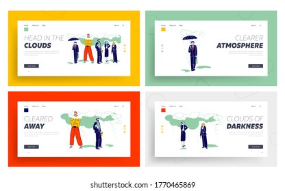 Daydreaming, Creative Imagination or Positivity Landing Page Template Set. Happy Male Character in Bright Clothing Stand with Head in Clouds, Sad Busy People in Formal Wear. Linear Vector Illustration