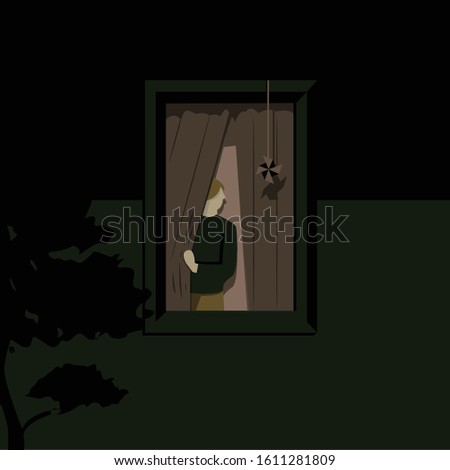 Daydreaming facing the window at night. Look at the night sky