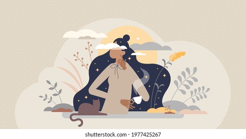 Daydreaming imagination and inspirational thinking scene tiny person concept. Relax and think about vision, wishes and life future vector illustration. Fantasy and brainstorm process visualization.