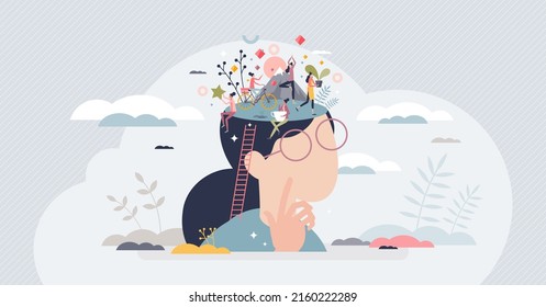 Daydreaming imagination and inspirational thinking scene tiny person concept. Relax and think about vision, wishes and life future vector illustration. Fantasy and brainstorm process visualization.