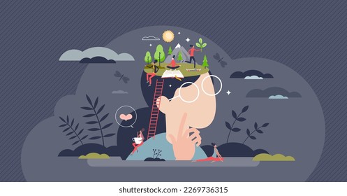 Daydreaming as thoughts and fantasy about future plans tiny person concept. Imagination and creative mind process with vision about leisure, relaxation, hobby, hopes and wishes vector illustration.