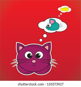 Daydreams. Vector illustration about a cat, a mouse, and a cheese