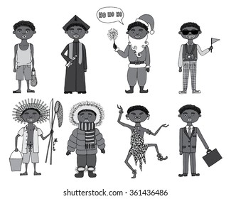 Daylife of foreign students in a different country. Image of student from Africa in random situations. Monochromatic.