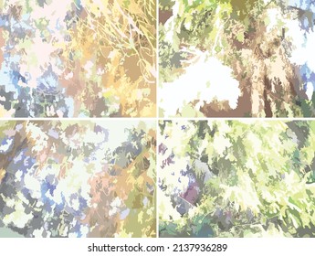 Daylight forest motif for backgrounds or textures. Four options for open-air spruce for textiles and interior solutions, fabric products, posters, wallpaper, covers or prints, etc.