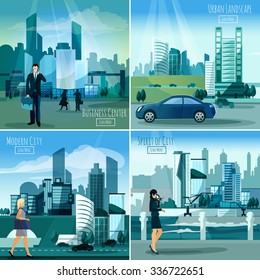 Daylight modern city business center street view 4 flat icons square composition banner abstract isolated vector illustration