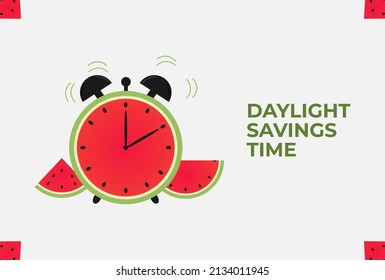 Daylight Saving Time, 2022 Concept. Watermelon-themed Alarm Illustration. The Reminder Text - Set Clocks Back One Hour. Vector Illustration