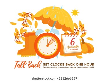 Daylight saving time, 2022 concept. Fall Back Time. Alarm clock and calendar with the date of November 6 on the autumn background. The reminder text - set clock back one hour. Vector cozy illustration