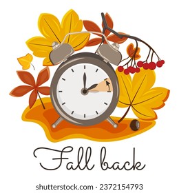 Daylight saving time, 2023 concept. Alarm clock on the autumn leaves background. The reminder text - set clock back one hour. Vector illustration