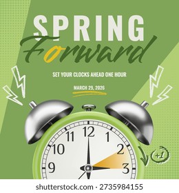 Daylight saving time 2026. Bright 3D realistic alarm clock on green background. Vector Spring Forward illustration