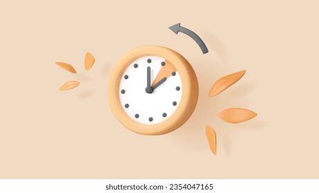 Daylight saving time 3d vector illustration with clock, autumn leaves, and arrow. Reminder banner. Classic object. Watch turning to an hour back. Calendar date.