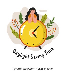 Tiempo De Ahorro De Luz Diurna. Diseño abstracto con reloj y chica. Ilustración del vector