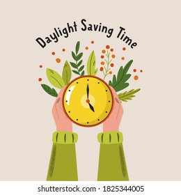 Daylight Saving Time. Abstract design with hands holding clock. Vector illustration