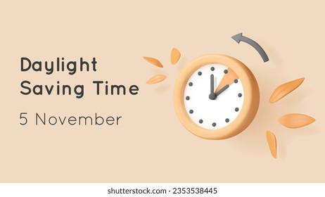Daylight saving time autumn banner.  3d vector clock render, autumn leaves, and arrow. Reminder illustration with text. Classic watch turning to an hour back. Calendar date. 
