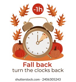 Daylight Saving Time. Autumn landscape. Fall Back, hand turning to winter time.