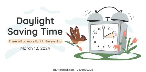 Daylight saving time. Banner of alarm clock with  snowdrops, birdie. Summer time reminder. Spring forward begins. Clock set to an hour ahead March 10, 2024. Vector flat illustration.