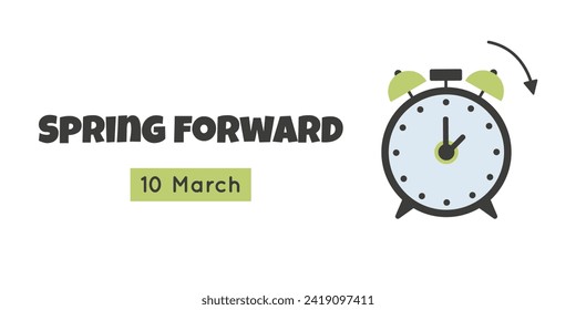 Banner horario de verano con alarma y flecha girando a una hora hacia adelante. Simple ilustración vectorial con reloj, recordatorio de cambio de marcha de verano.