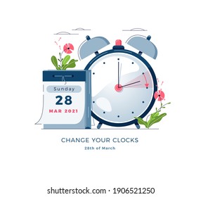 Daylight Saving Time banner. Calendar with marked date, text Change your clocks. Changing the time on the watch to summertime, spring forward, DST begins in Europe concept. Flat vector illustration