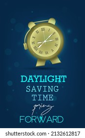 Daylight Saving Time banner. The clock moves spring forward one hour and clock brown colors. poster, banner vector design backdrop blue color.