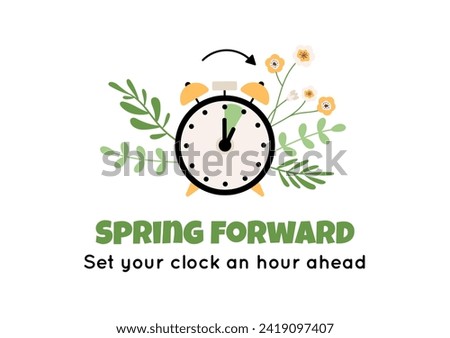 Daylight saving time banner with clock, arrow turning to an hour forward and branch with flowers and leaves on background. Simple vector illustration with alarm, summer time march change reminder. [[stock_photo]] © 