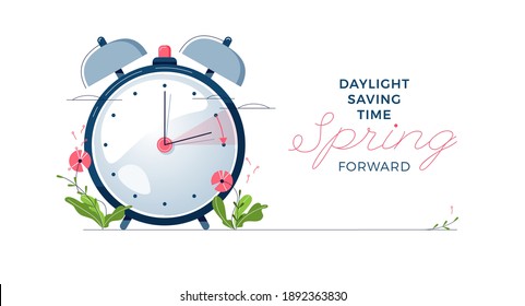 Daylight Saving Time banner. The clocks moves forward one hour. Floral decoration with pink flowers. Spring clock changes concept for web, emailing. Modern flat design, cartoon vector illustration - Shutterstock ID 1892363830