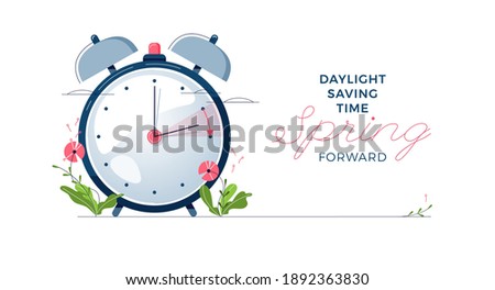 Daylight Saving Time banner. The clocks moves forward one hour. Floral decoration with pink flowers. Spring clock changes concept for web, emailing. Modern flat design, cartoon vector illustration