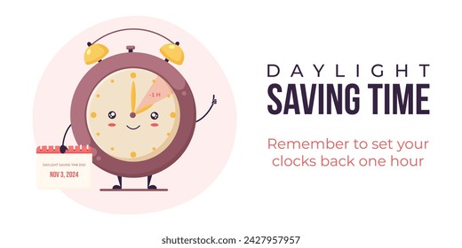 Daylight saving time banner, poster. Fall back concept vector illustration. Cute watch, alarm clock with face smilling and turning hand an hour backward.