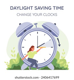 Daylight saving time banner. Woman change hands of the clock forward an hour during the dst period. Spring forward concept. Vector flat illustration.