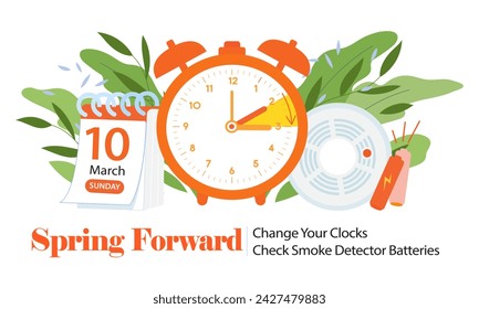 Daylight saving time begins 10 march 2024 banner. Spring Forward time. Banner reminder with info about changing time and batteries, smoke alarm. Clock forward one hour. USA and Canada