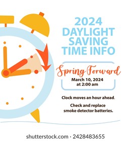 El horario de verano comienza el 10 de marzo de 2024. Tiempo de avance de primavera. Banner simple con despertador e información sobre el cambio de hora. Cambio de reloj una hora hacia adelante. Programación de recordatorio. EE.UU. y Canadá