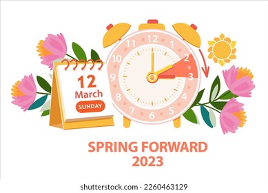Daylight Saving Time Begins 2023, concept. Vector illustration of clock and calendar date of changing time in march 12, 2023 with spring flowers decoration. Spring Forward Time. Vector Illustration - Shutterstock ID 2260463129