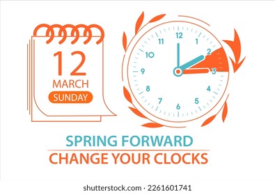 Daylight Saving Time Begins 2023 web banner. Change your clocks forward one hour. Spring forward web guide reminder with schedule and date in graphic flat style. Vector illustration