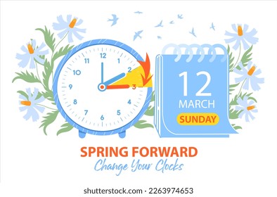 Daylight Saving Time Begins 2023 web banner with clocks and calendar date. Spring forward guide schedule with turning arrow of clock ahead one hour
 - Shutterstock ID 2263974653