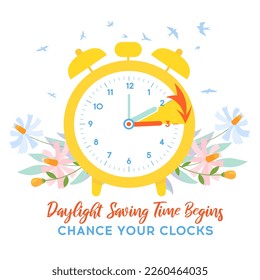 Daylight Saving Time Begins banner. Spring Forward. Guide banner with clocks. Arrow of Clocks turning one hour ahead. Vector illustration in spring style with flowers and clock