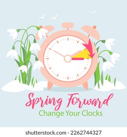 Daylight Saving Time Begins banner. Spring Forward. Reminder guide with clocks change one hour ahead. Vector illustration