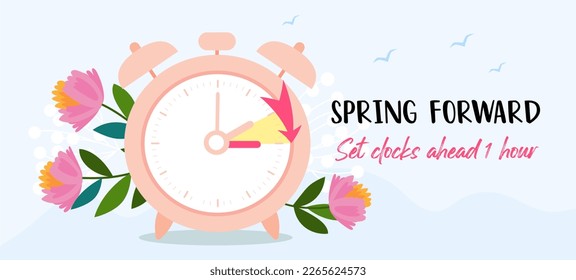 Daylight Saving Time Begins banner. Spring Forward. Reminder guide with clocks change one hour ahead. Vector illustration