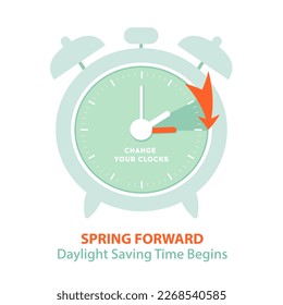 Daylight Saving Time Begins banner. Spring Forward. Reminder guide with clocks change one hour ahead. Vector illustration