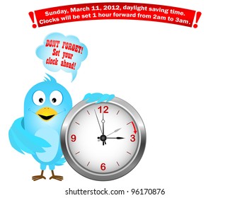 Daylight saving time begins. Blue Bird with icon a clock and speech bubble. Vector illustration.