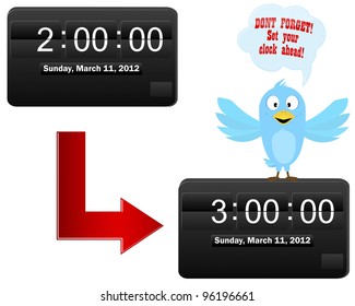 Daylight Saving Time Begins. Blue Bird On A Digital Clock With Speech Bubble. Vector Illustration.