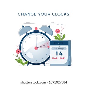 Daylight Saving Time begins concept. The clocks moves forward one hour. Calendar with marked date, text Change your clocks. DST begins in USA for banner, web, emailing. Flat design vector illustration - Shutterstock ID 1891027384