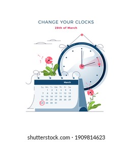 Daylight Saving Time begins concept. The clocks moves forward one hour. Calendar with marked date. DST begins in Europe, spring clock changes for banner, web, emailing. Flat design vector illustration