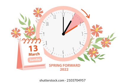 Daylight Saving Time Begins concept. Vector illustration of clock and calendar date of changing time in march 13, 2022 with spring flowers decoration. Spring Forward Time illustration banner