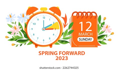 Daylight Saving Time Begins concept banner. Vector illustration of clock and info with calendar date of changing time in march 12, 2023. Spring Forward Time illustration banner. Change clocks ahead