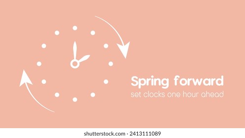 El concepto de horario de verano comienza en marzo de 2024. DST comienza en el afiche de los EE.UU. para recordar. Ilustración vectorial de diseño plano con calendario, flores y hojas. Salte hacia adelante, ponga los relojes por delante de la hora.